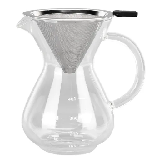 400ml Glass Coffee Pot Kettle Heat Resistant Pour Over Coffee Maker with Stainless Steel Filter for Home KitchenRound Base