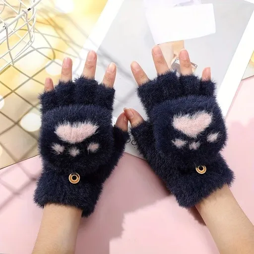 Faux Mink Fingerless Fleece-Lined Warm Gloves – Practical for Autumn/Winter, Heart Design with High-Elastic Cuff, Ideal for Office Use and Daily Hand Warmth.(navy blue)