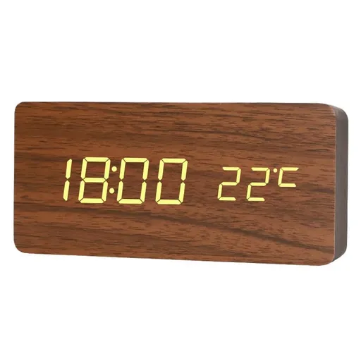 Brown Digital LED Alarm Clock with USB Charger, 12/24h LCD Display, Silent Wooden Design for Bedrooms and Travel