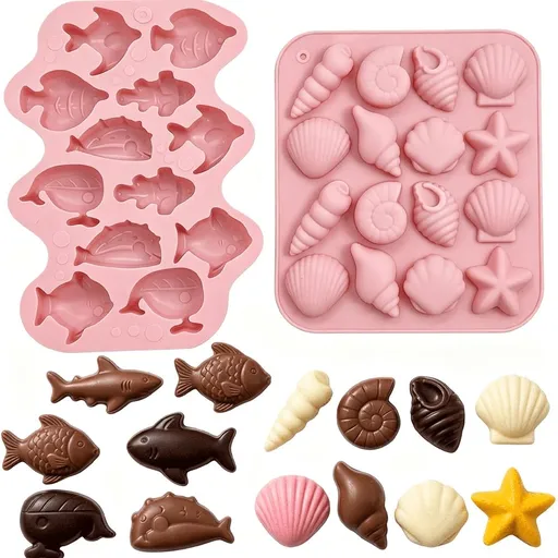 2Pcs Fish Silicone Mold Set,Ocean Animals Silicone Molds with Shark Ice Cube Mold and Seashell Mold,Flexible Baking Molds for Parties Cake Decorating Diy Crafts