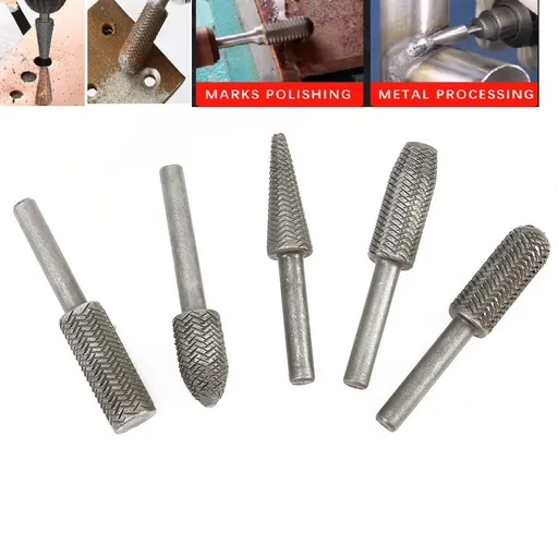 5Pcs Metal Cutter Drill Bits Rotary Files Bit Rasp Tungsten Carbide Burr Milling Cutter Drill Bit Set For Steel Grinding Carving As Shown