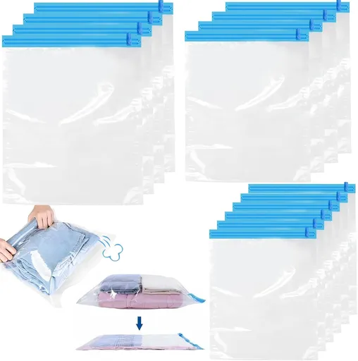 14 Pack Roll-Up Vacuum Storage Bags, No-Pump Travel Compression Bags for Clothing and Bedding, 35 x 50, 40 x 50 and 40 x 60 cm
