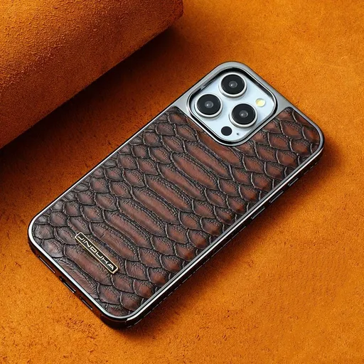 snake-pattern leather phone case, fingerprint-resistant phone case, high-end leather phone case, stylish phone case, durable phone case, Australia - Mocha - Size iPhone 15
