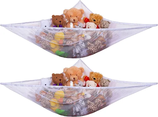 Stuffed Animal Organizer Hammock, 2-Pack Mesh Toy Storage Net for Kids, Expands to 5.5 Feet, Corner Hanging Holder for Plushies & Children's Toys, Easy Install, White