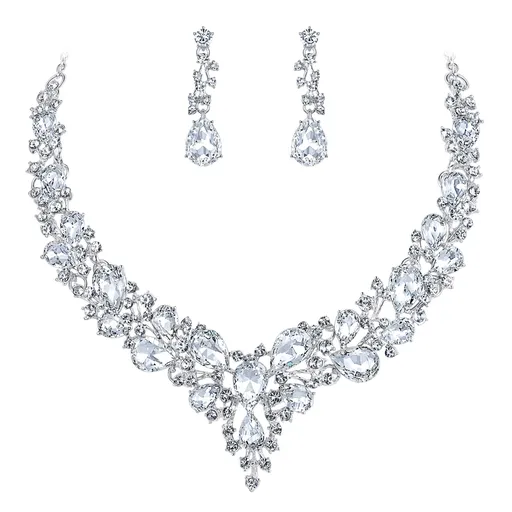 Women's Wedding Bridal Austrian Crystal Teardrop Cluster Statement Necklace Dangle Earrings Jewelry Set