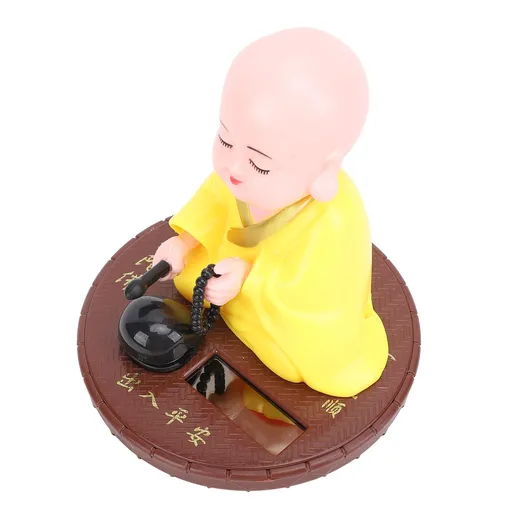 Little Monk Figurine Solar Funny Car Shaking Head Toy Chinese Little Monk Statue Car Dashboard Ornament Home Decoration Yellow