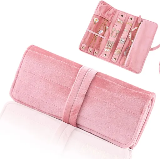 Pink Portable Jewelry Roll Organizer for Bride Untangled Necklace Ring Earrings Bracelet Foldable Travel Storage Bag Case Displays Holder Velvet Pouch