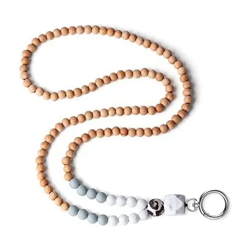 School Use Wood Bead ID Badge Lanyard 86cm - Silicone Bead Lanyard Necklace for Teachers