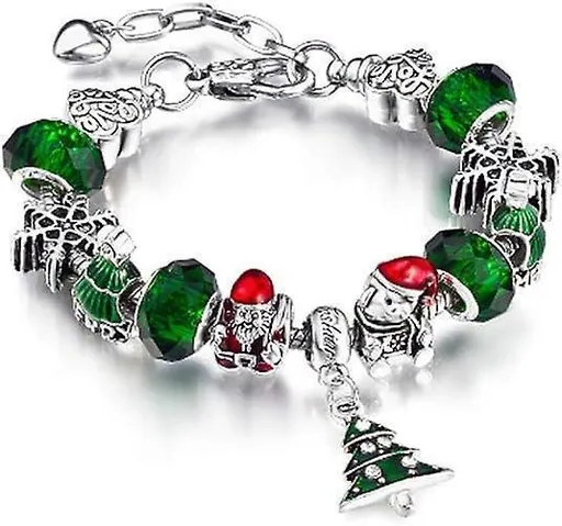 Silver Tone Charm Bracelet With Christmas Tree Bell Crystal And Murano Glass Beads Snake Chain For Women & Girls Comes In A Gift Box