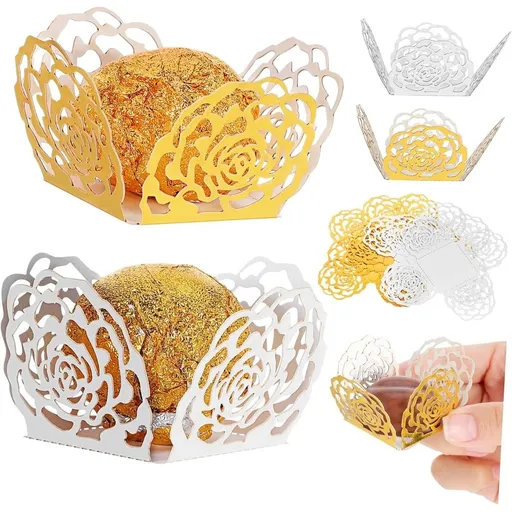 100pcs Chocolate Wrapping Cups Hollow Rose Flower Edge Paper - Lightweight Liners for Holding Truffles, Attractive Cutout Style