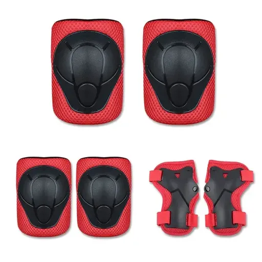 6 Piece Protective Gear Set with Soft Sponge Pads and Plastic Shells for Cycling, Skateboarding and Outdoor Sports, Red and Black