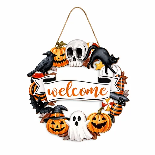 Halloween Welcome Wreath Skull Crow Wooden Hanging Sign 12inch