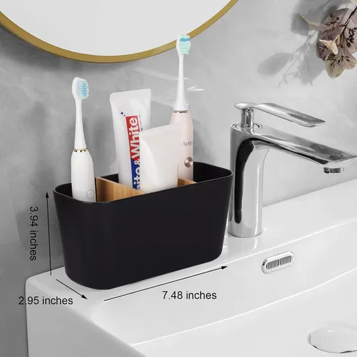 Toothbrush Holders for Bathrooms, Bamboo Tooth Brush Organization with 3 Slots Bathroom Counter Organizer Countertop - Black