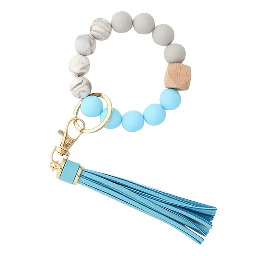 Hanging Ornament Silicone Key Ring Bracelet, Women Beaded Bangle Keychain Wristlet Leather Tassel B
