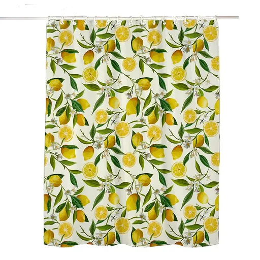 Lemon Shower Curtain, Allover Fruits Green Leaves Plant Design Waterproof Fabric Bathroom Curtains Set with 12 Hooks