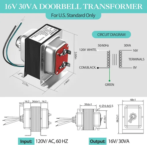 Wired Doorbell Transformer 16V 30VA Hardwired Compatible with Ring Nest Hello Video Doorbell Easy to Install