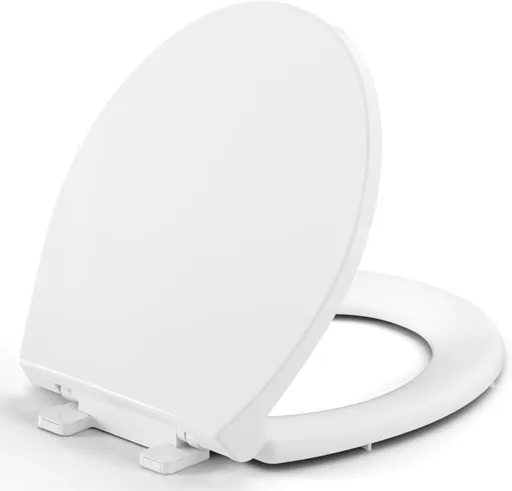 Round Toilet Seat, Standard 16.5” Slow/Soft Close Round Toilet Seat for Round Toilets, No-Slam Quiet-Close Lid, Easy-to-Install, White, Durable Never-Loosen Design