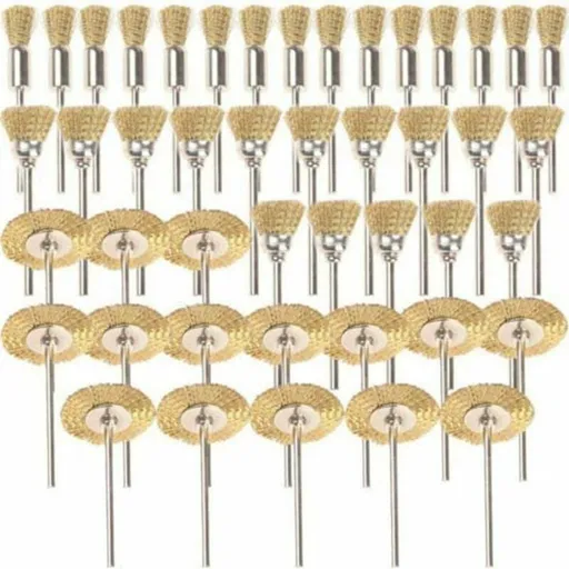45 Piece Brass Brush Set Compatible with Dremel and Proxxon, Round and Disc Brushes, 3.17 mm Shaft