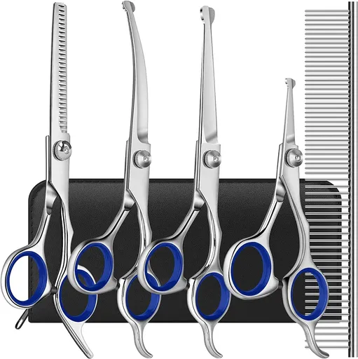 Professional Pet Dog Grooming Scissors Straight Curved Thinning Shear Tool Kit - Blue
