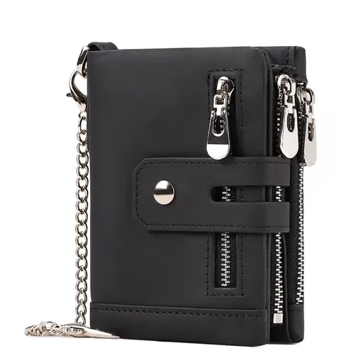 Black Genuine Leather Men's RFID Blocking Wallet - High Capacity Trifold with Zipper Coin Pocket