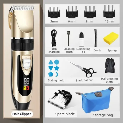 Digital Display Electric Hair Clipper, Rechargeable Hair Trimmer for Adults & Kids, Includes a Free Replacement Blade—Gold