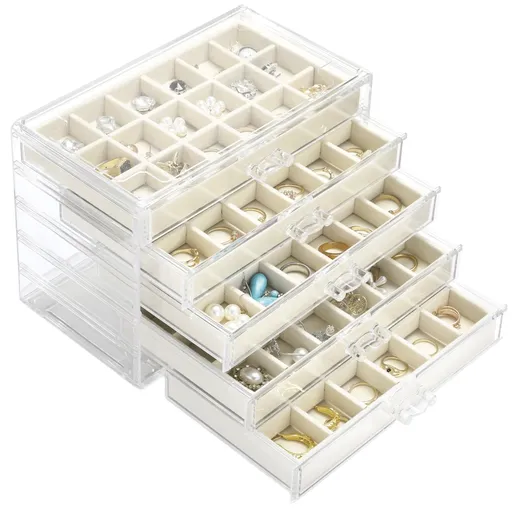 Transparent Acrylic 5-Layer 90-Grid Jewelry Storage Box, Clear Earring Case with Adjustable Velvet Trays, Dustproof Drawer Rings Necklaces Earrings Holder Organizer, 9.3 x 6.7 x 5.3 in