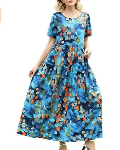 Women Floral Long Dress Short Sleeve Polyester Picture color 12 XL Size: XL; Height (cm): 170-175; Weight (kg): 60-65; Bust (cm): 94-98; Waist (cm): 78-82; Shoulder width (cm): 40; Length (cm): 64