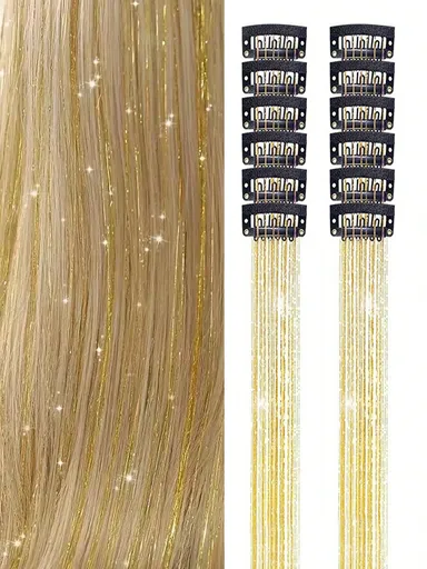 12Pcs Hair Tinsel Clip In 20Inch Fashion Glitter Tinsel Synthetic Straight Hair Extensions Clip In Hair Tinsel Kit Heat Resistant Shiny Sparkle Fairy Hair Accessories For Women Gold