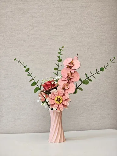 Pink DIY 3D Wooden Flower Bouquet Puzzle Set with Vase - Craft Kit for Kids and Adults