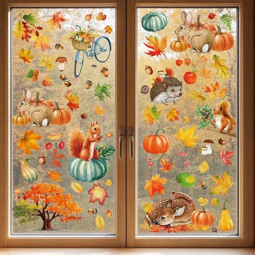 9 Pcs Autumn Window Cling Stickers, Self-Adhesive Reusable Fall Maple Leaf Pumpkin Decoration for Living Room and Shop Window