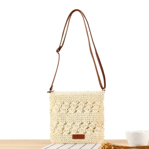 Hollow Woven Summer Beach Bag - Handmade Paper Rope Crossbody Tote for Vacation - Lightweight Crochet Shoulder Bag - Off White