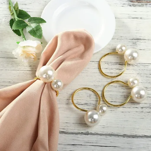 Set of 12 Pearl Napkin Rings, Gold Napkin Ring Holders for Formal or Casual Dinning Table Decor birthday party or any occasions