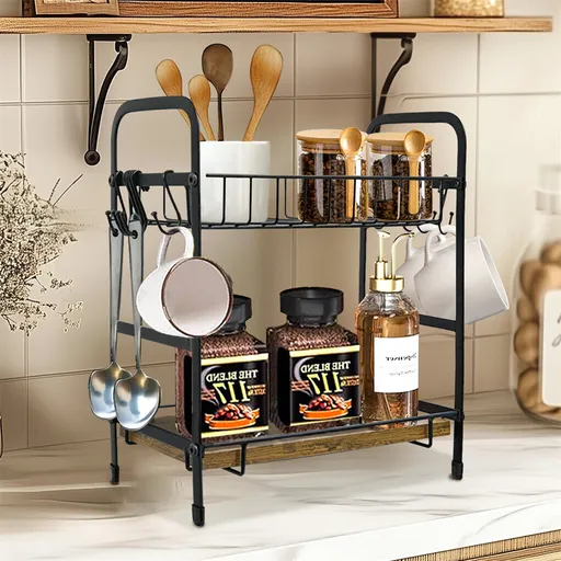 Vintage Coffee Bar Station Organizer Holder Stand with 2-Tier Shelves & 12 Hooks