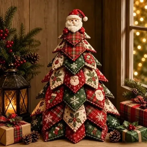 DIY 3D Quilted Fabric Patchwork Christmas Tree Kit, 3D Handmade Sewing Craft with Instructions, Beginner Friendly, Vintage Festive Tabletop Decor Gift/the Santa Claus