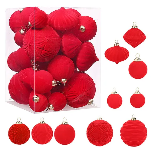 35Pcs Velvet Ball Decorative Hanging Ornament Festival Tree Ball Holiday Decoration Set Tree Pendant Red