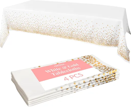 White and Gold Tablecloths, 4pk, 54x108 Inches - Party Table Cloths Disposable - Gold Dot Disposable Tablecloths - Plastic Table Cloth - Engagement Party Decorations, Baptism Decorations