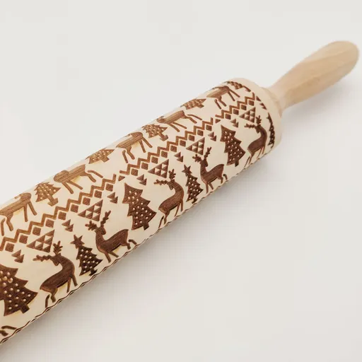 Embossed Rolling Pin for Baking, Cookie Embossing Rolling Pins with Christmas Reindeer Pattern Animal Moose Elk Wooden