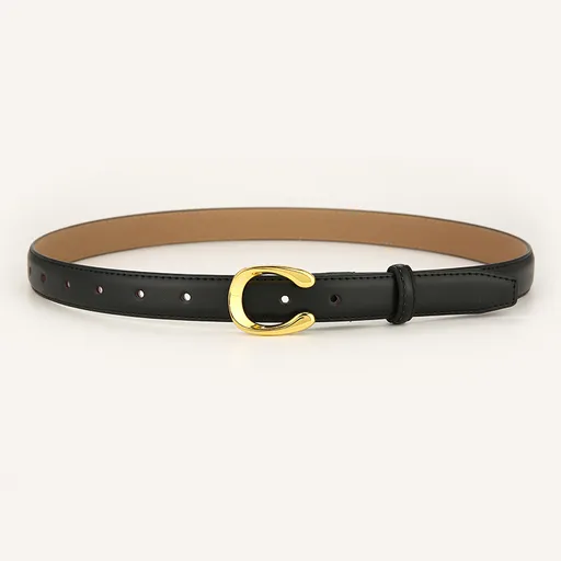 Womens Genuine Leather Belt Black C-Shape Gold Buckle Waist Strap for Jeans & Dresses Classic Fashion Accessory