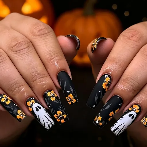 24pcaHalloween Pre-designed Press-on Nails for Festive DIY At-home Nail Art (Black)