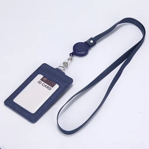Retractable ID Badge Holder with Lanyard, PU Leather Work Card Holder for Office Staff Nurse Teacher Student ID Card-Dark Blue