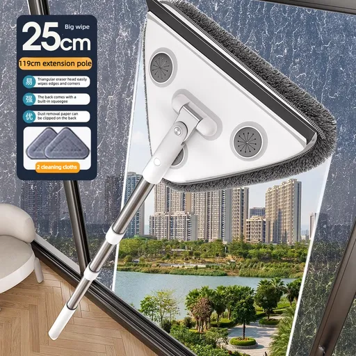Telescopic Triangle Cleaning Mop with Squeegee, 2-in-1 Window Cleaner with 2 Replacement Pads