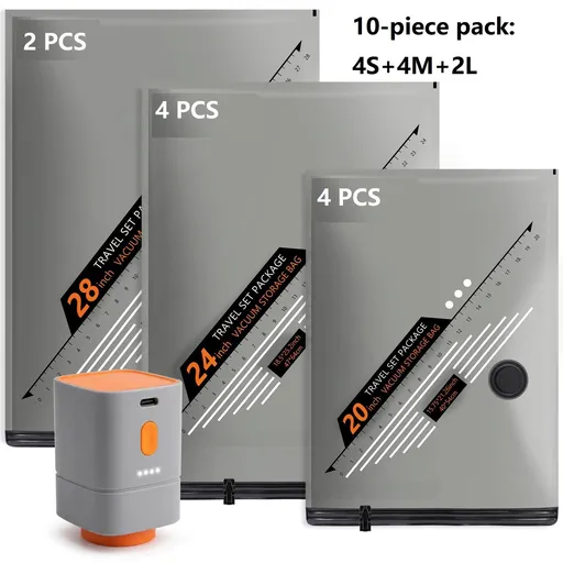 10 Piece Travel Vacuum Compression Bags with Electric Pump - Small 40x54cm*4, Medium 47x64cm*4, Large 54x74cm*2, Space Saving Luggage Organizer for Home and Travel