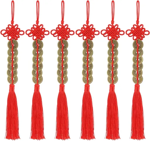 Pack of 6 Chinese Feng Shui Money Coins Lucky with Red Enless Knot Decoration for Wealth and Success Chinese New Year 6 Coins