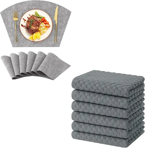 Homaxy Round Table Placemats Set of 6, Washable Wedge Shaped Faux Leather Table Mats and Terry Kitchen Towels(15" x 25", 6 Pack, Dark Grey)