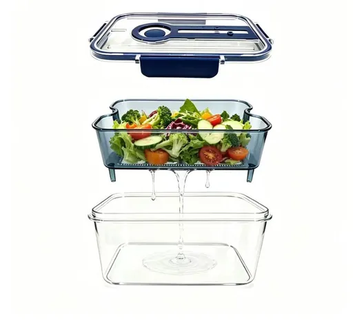 Blue Double Layer Drain Storage Box - Produce Keeper with Removable Drain Basket and Locking Lid for Kitchen Fruit Vegetables Prep & Storage