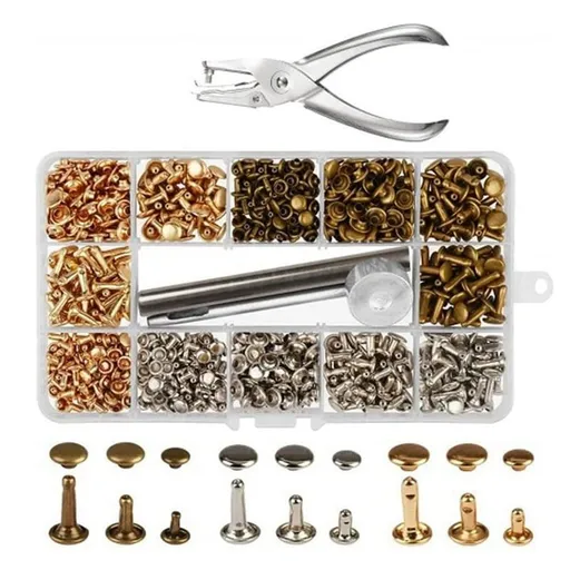 300 Sets Double Cap Rivets for Leather Craft, 3 Sizes 3 Colors Copper Rivets with 4 Setting Tools, DIY Tubular Studs for Belts Bags Shoes Jeans Clothing Repair Kit