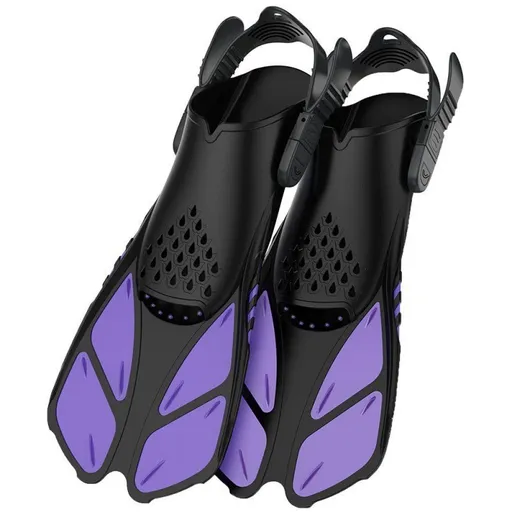 Purple Adjustable Open Heel Snorkel Fins, Travel-Size Short Swim Flippers for Snorkeling, Diving & Swimming, Adult Men & Women（L/XL）