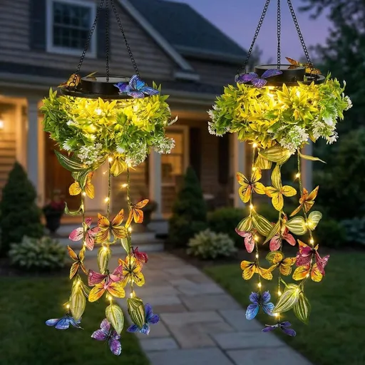 Outdoor Decorative Garden Lights Solar-Powered with Artificial Butterfly and Flower 4 Pack Waterproof Green