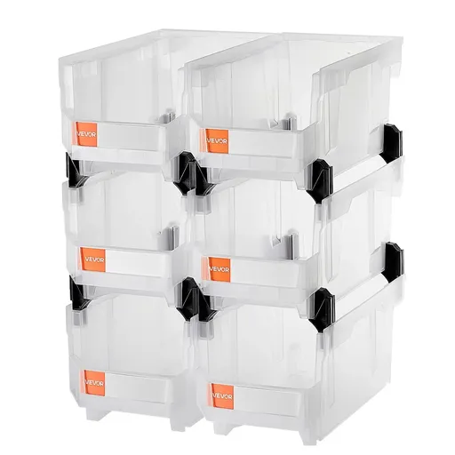 Plastic Stackable Storage Bins, 37.7 x 21.5 x 18 cm (6 Pack), Garage, Small Parts, Office Supplies, Transparent