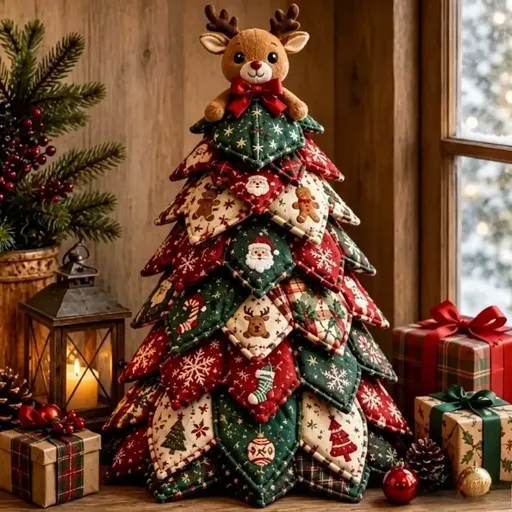 DIY 3D Quilted Fabric Patchwork Christmas Tree Kit, 3D Handmade Sewing Craft with Instructions, Beginner Friendly, Vintage Festive Tabletop Decor Gift/elk